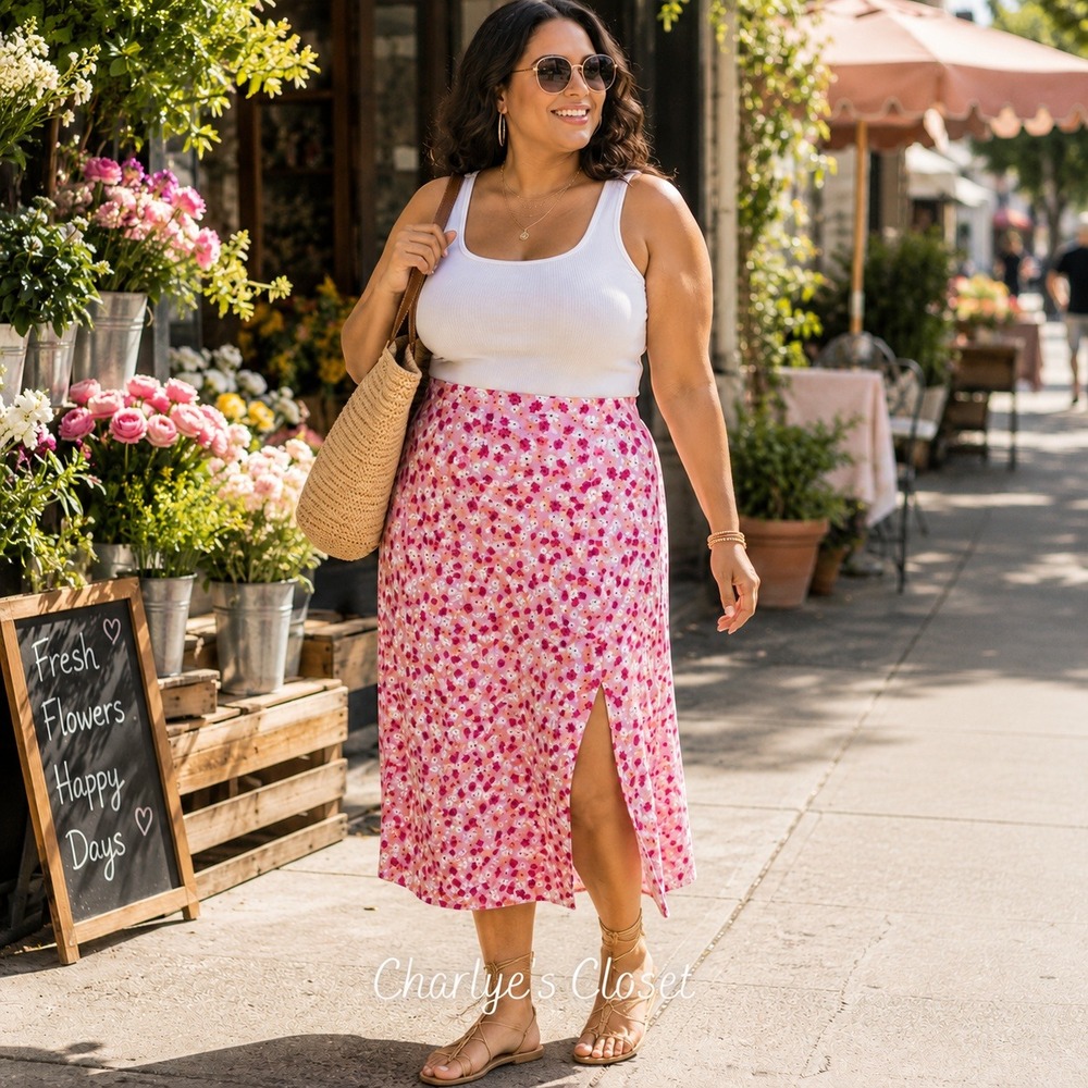 Ditzy Floral Midi Skirt XXL NWT Pink Calla Lilac Side Slit Coffee Run Office